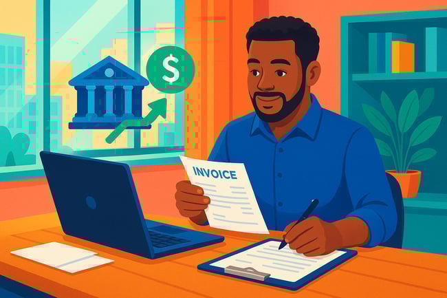 Small business owner receiving funds for invoices at a modern office, vibrant and professional setting.